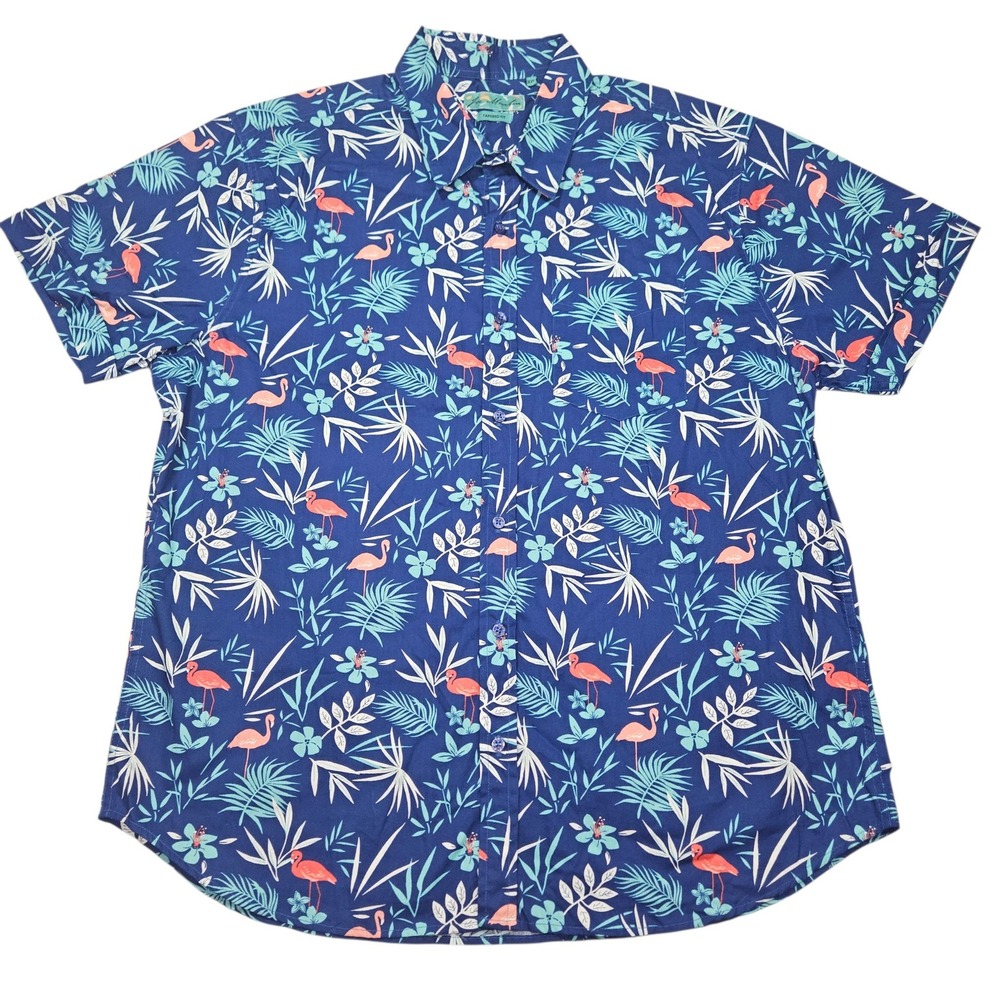 Joe Marlin Tapered Fit Aloha Shirt Flamingo Tropical Blue Sz XXL